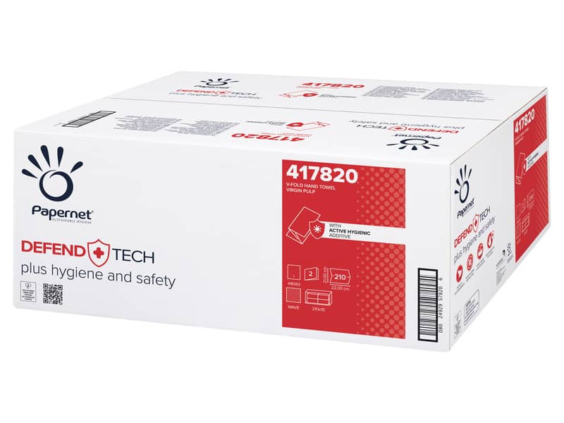 Asciugamani piegati a V Papernet Defend Tech - 2 veli 22x21 cm bianco - pura cellulosa - 15 fascette da 210 ff
