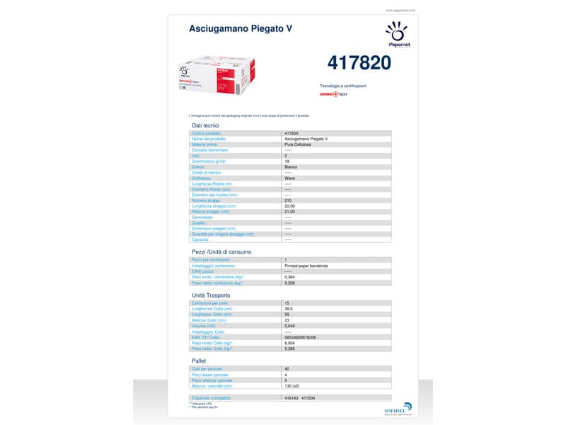 Asciugamani piegati a V Papernet Defend Tech - 2 veli 22x21 cm bianco - pura cellulosa - 15 fascette da 210 ff