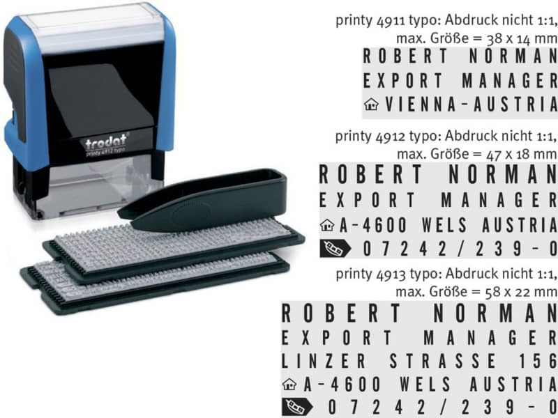 Timbro componibile a 3 righe TRODAT PRINTY Typo in plastica 38x14 mm nero 14–22 mm