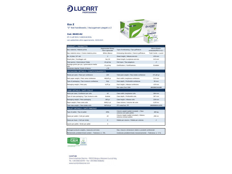 Asciugamani piegati a ''Z'' Lucart Eco Z 21,5x23,5 cm 2 veli conf. da 220 ff - 864014U