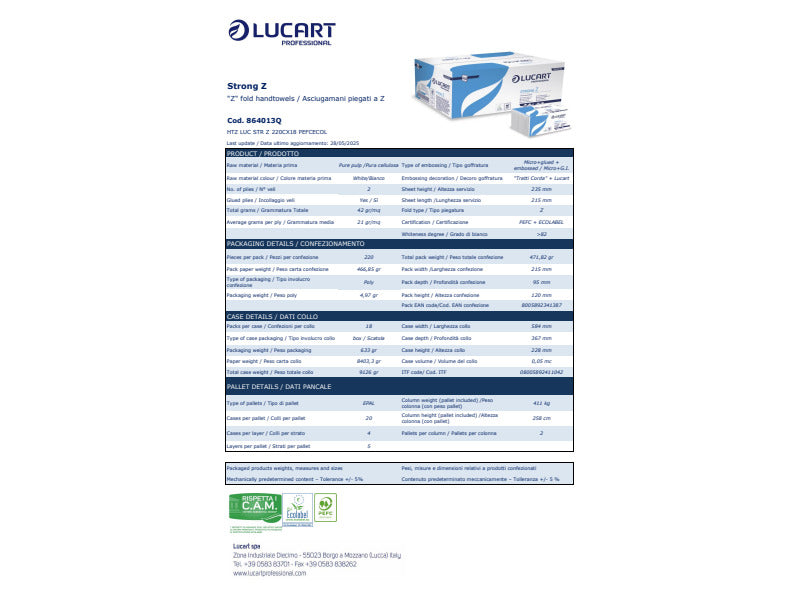 Asciugamani piegati a ''Z'' Lucart Strong Z 21,5x23,5 cm 2 veli fascetta da 220 ff - 864013Q