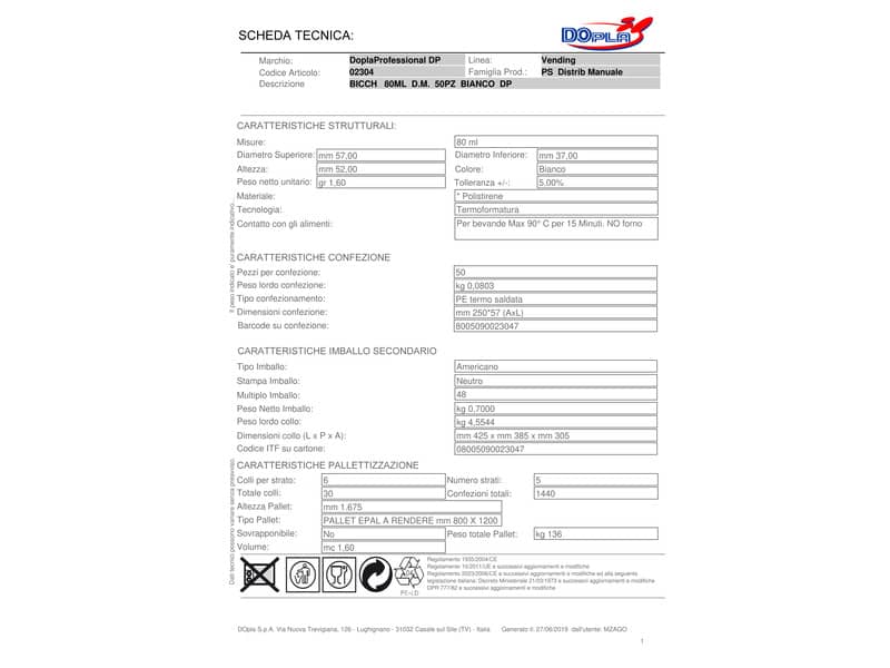 Bicchieri monouso Dopla Professional 80 ml polistirene bianco conf. 50 pezzi