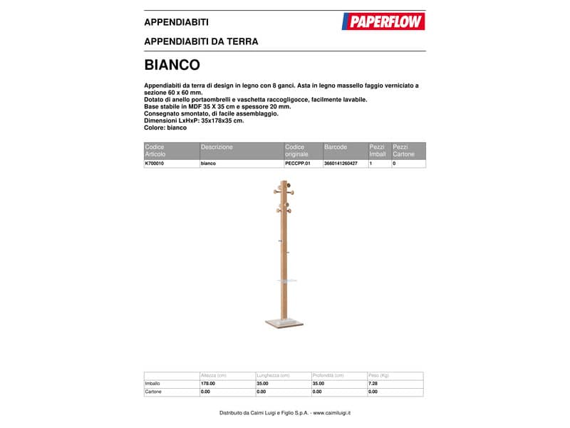 Appendiabiti da terra in legno Paperflow 8 ganci Wood Range Modello C 35x35x178 cm bianchi - K700010
