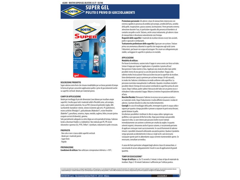 Adesivo invisibile Bostik Super Gel istantaneo - tubetto 3 gr D2740