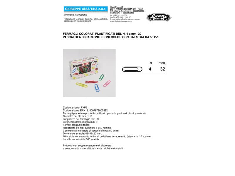 Fermagli colorati plastificati Leone N° 4 - 32 mm in scatola di cartone da 50 pezzi - assortiti - FXP5