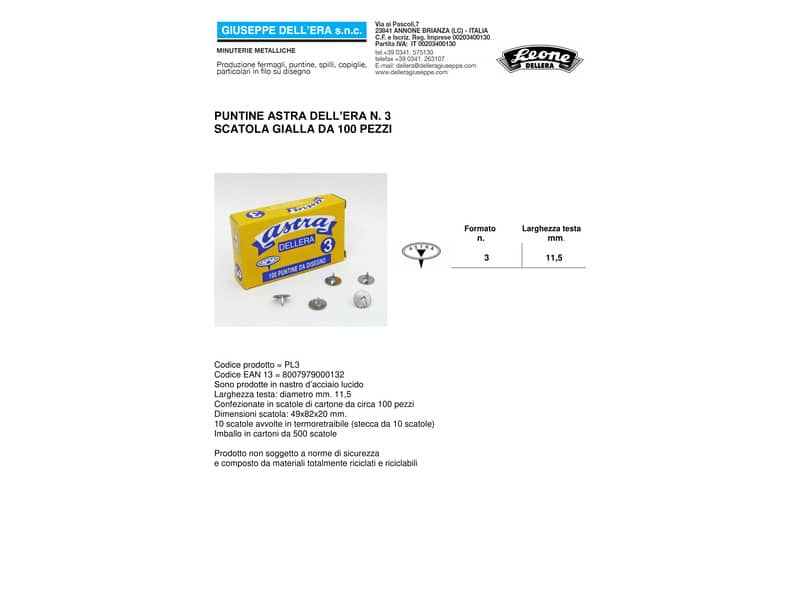 Puntine da disegno in acciaio Leone N° 3 diametro testa 11,5 mm - scatola di cartone da 100 pezzi - PL3