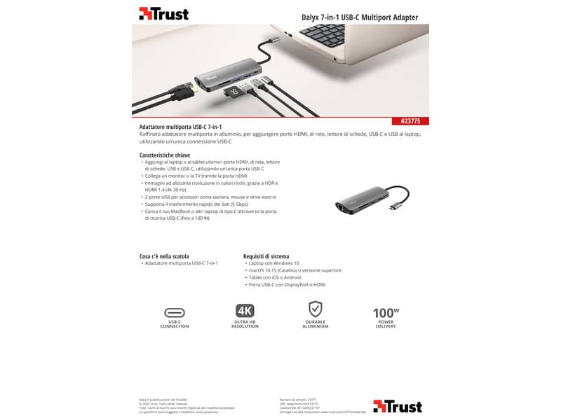 Adattatore USB C Trust DALYX 7 7-in-1 HDMI - 2xUSB-A -USB-C - Ethernet - Micro SD - SD card - alluminio