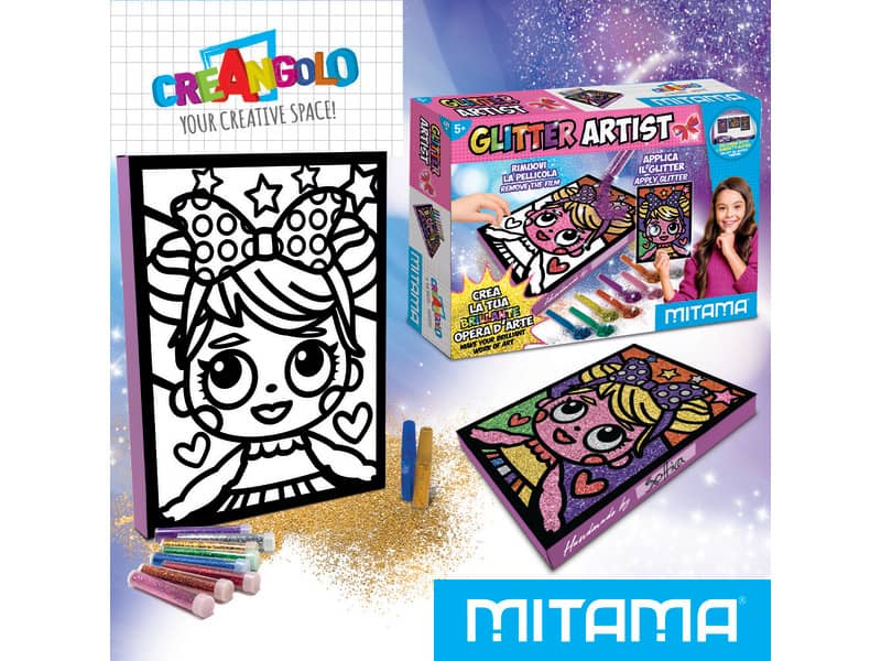 Glitter Artist Cat Mitama - Quadretto adesivo A4 + 8 Polverine Glitter + 2 Colle Glitter - colori assortiti