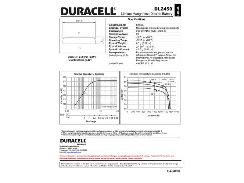 Batterie specialistiche 2450 a bottone al litio da 3V Duracell blister da 1 pila - DU31