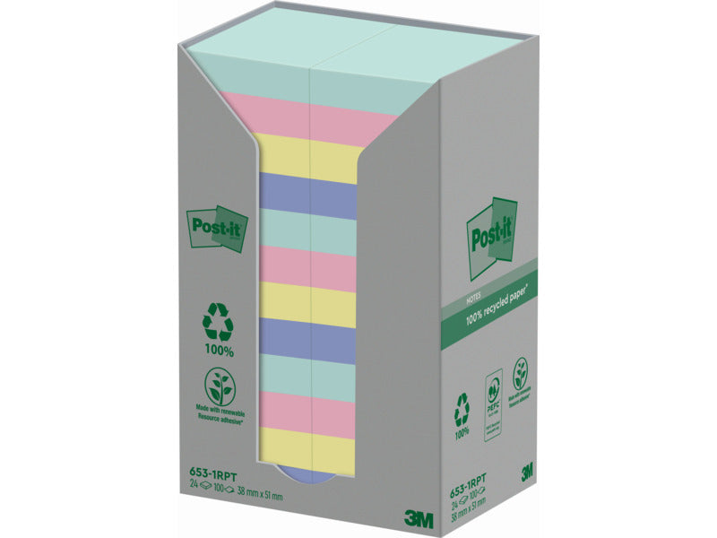 Foglietti Post-it® Notes in carta riciclata assortiti pastello conf. Torre da 24 blocchetti da 100 ff - 653-1RPTN