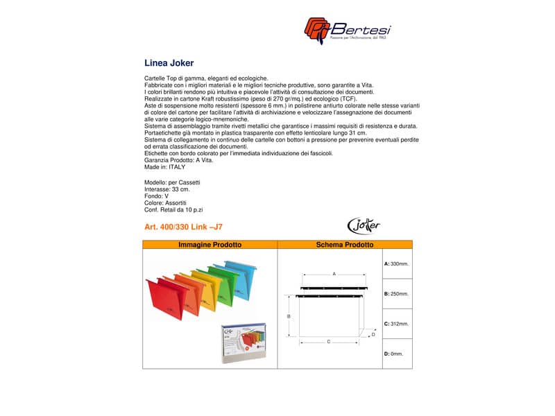 Cartelle sospese orizzontali Joker interasse 33 cm assortiti fondo a V Conf. 10 pezzi - 400/330 LINK - J7
