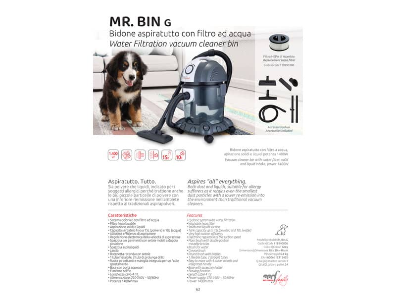 Bidone aspiratutto Melchioni 1400 W - capacità 15 l grigio - 30x30x48 cm