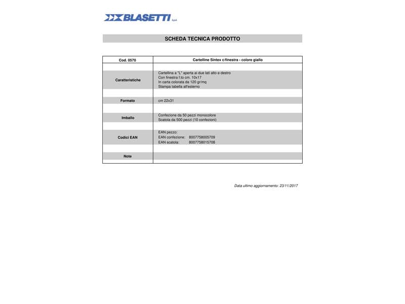 Cartellina con finestra Blasetti SINTEX aperta su due lati carta 120 g/m² 22x31 cm giallo conf. da 50 - 0570