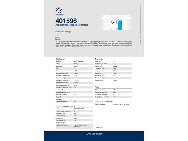 Asciugamani in Rotolo a devolgimento Papernet - 450 strappi - 2 veli - 19,7x30,5 cm - Conf. 6 pezzi