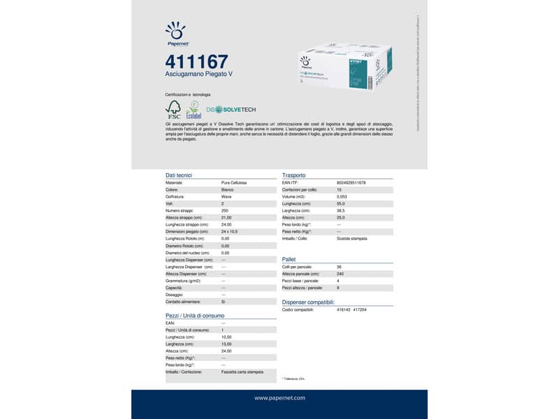 Asciugamani interfogliati piegati a V Papernet Dissolve Tech - 2 veli 24x21 cm Conf. 15 fascette da 250 pezzi