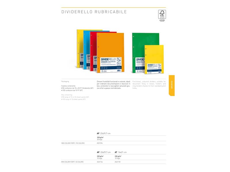 Divisore FAVINI Dividerello 20 tasti raccoglitori 10 col. assortiti 22x30cm 220 gr/mq Conf. 20 pezzi - A56Y304