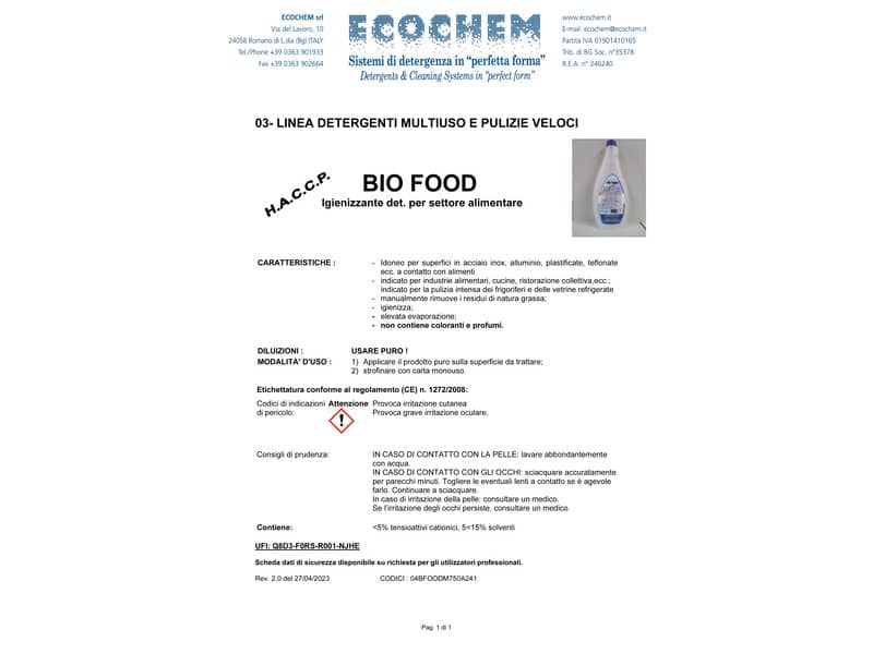 BIO FOOD detergente igienizzante per settore alimentare Ecochem 750 ml 04BFOODM750A241