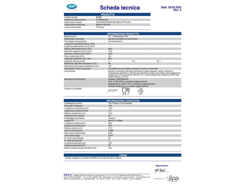 Bicchiere in PP - 2 gr - 200 ml/200 cc - ø 70 mm - conf. 100 pz FlexiCup