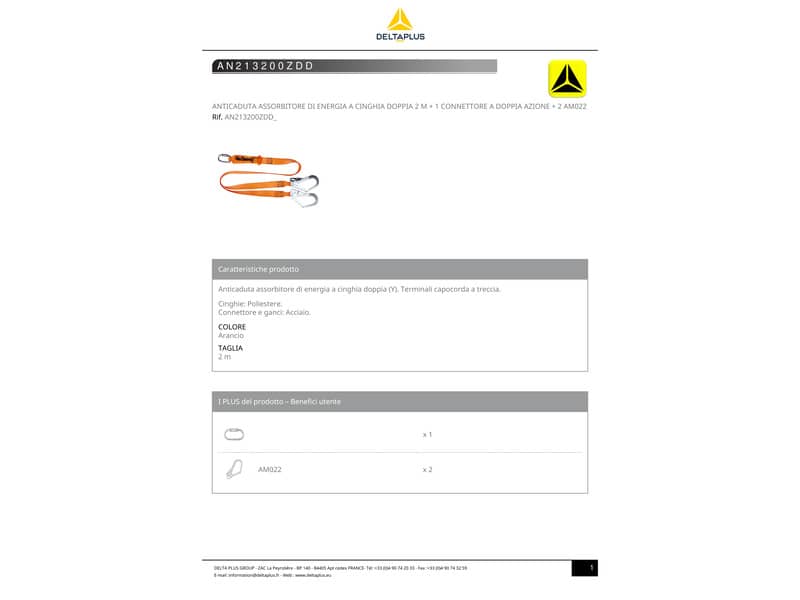 Anticaduta assorbitore di energia a cinghia doppia Delta Plus Taglia 2M AN213200ZDD