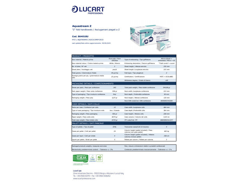 Asciugamano 2 veli Aquastream piegato a ''Z'' - conf. 15 pacchetti Lucart Professional 242 foglietti - 864018U