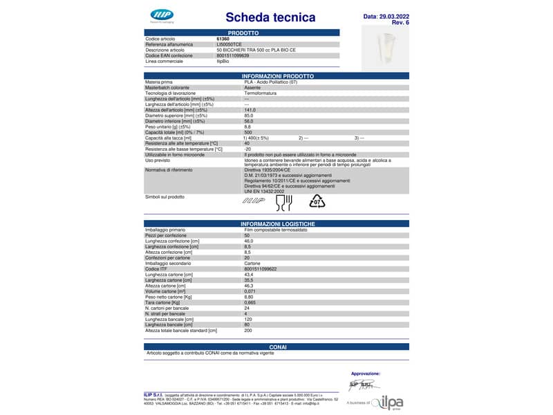 Bicchiere trasparente in PLA bio - 8,8 g - 500 ml - ø 85 mm - conf. 50 pz IlipBio 500ml/500cc