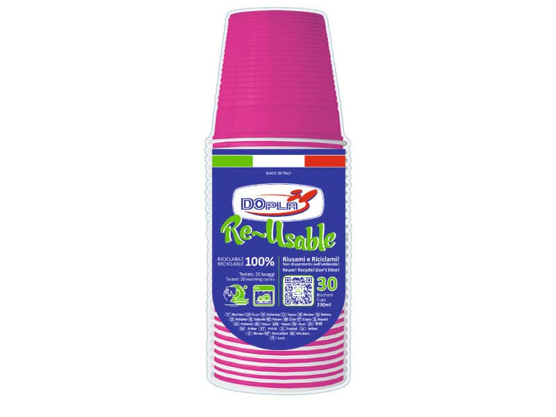Bicchieri fucsia in polistirene conf. 30 pz Dopla Reusable 230 ml