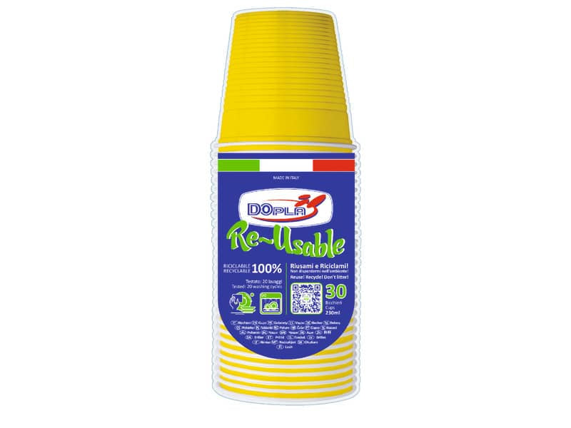 Bicchieri gialli in polistirene conf. 30 pz Dopla Reusable 230 ml