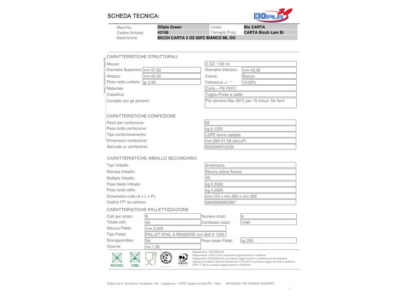 Bicchieri Dopla Green in carta marcati - bianco 100 ml - conf. 50 pz