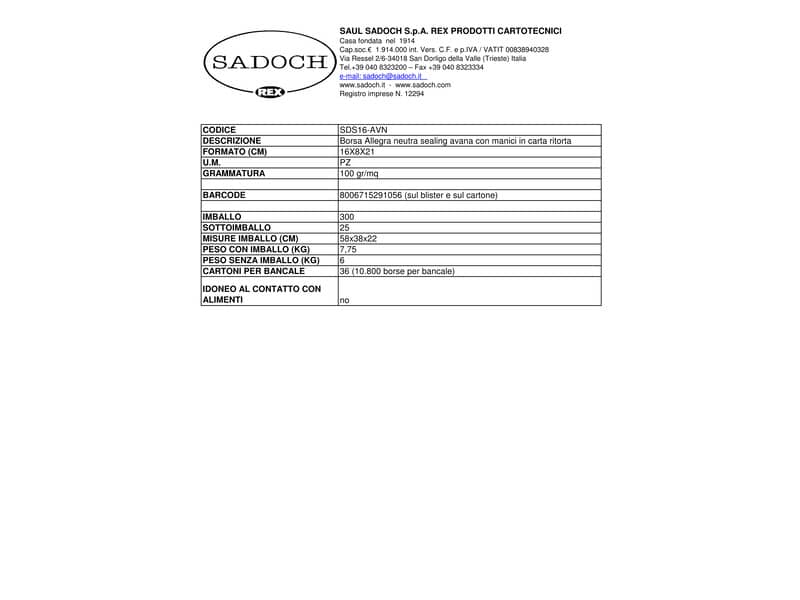 Borsa Allegra neutra sealing avana con manici in carta ritorta conf. 25 pz Rex-Sadoch 16x8x21 cm - SDS16AVN