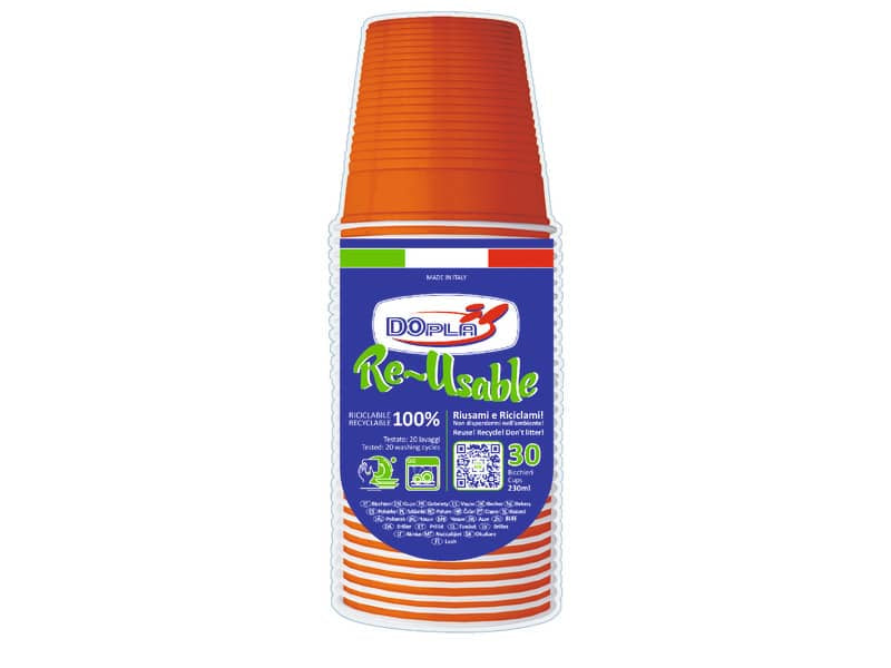Bicchieri arancioni in polistirene conf. 30 pz Dopla Reusable 230 ml