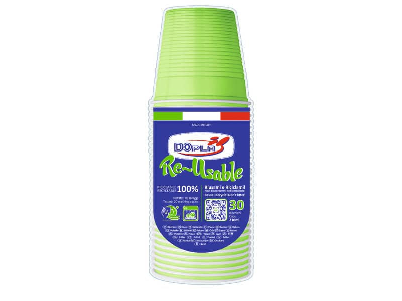 Bicchieri verde acido in polistirene conf. 30 pz Dopla Reusable 230 ml