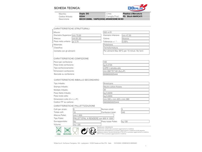 Bicchieri Dopla 200 ml R marcati in polistirene - conf. 100 pz - arancione 2544