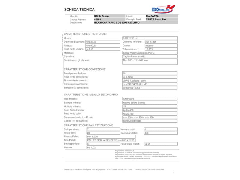 Bicchieri carta WD 250 ml conf. 20 pz Dopla Green