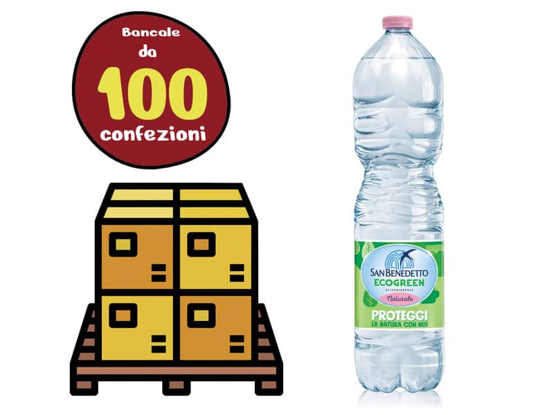 Bancale 100 confezioni da 6 bottiglie da 1,5 L di Acqua Minerale Naturale San Benedetto. Fonte Benedicta Scorzé (VE). La linea Ecogreen prevede plastica sostenibile creata per ridurre l'impatto ambientale e compensare il 100% delle emissioni CO2.