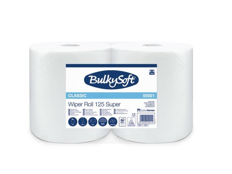 Bobina multiuso 2 veli Bulkysoft Wiper Roll 125 in cellulosa - 125 m bianco - conf. 2 rotoli - .E10
