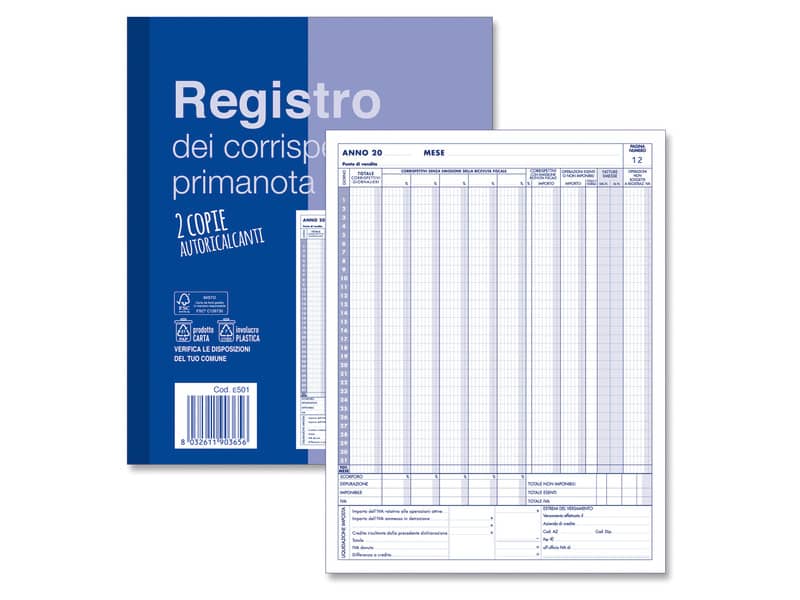 Blocco registro IVA dei Corrispettivi O.C.L. 12x2 copie autoricalcanti - 24x30 cm - 0501