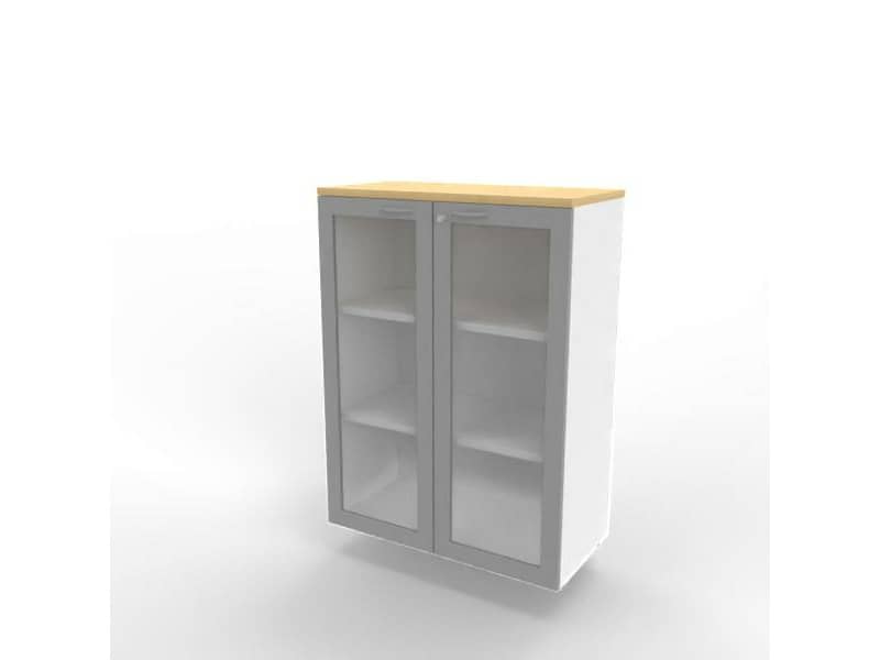 Armadio medio ante vetro telaio MDF, top faggio scocca bianca 90x45xH.123,2 cm Practika Quadrifoglio - ECEM90T-FA-BA-V3