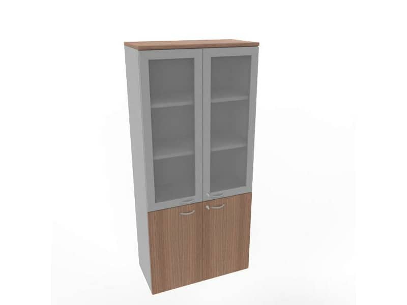 Armadio alto ante basse noce canaletto e alte in vetro telaio MDF scocca trama antracite 90x45xH.200 cm