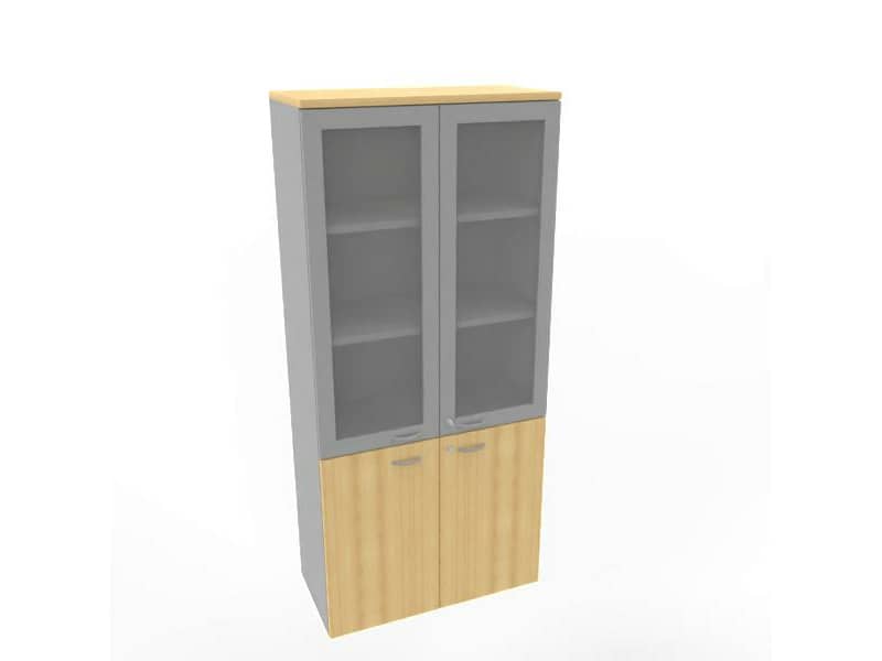 Armadio alto con ante basse faggio e alte in vetro telaio MDF scocca trama antracite 90x45xH.200 cm