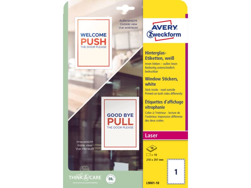 Adesivi per finestre Avery in carta con pellicola plastificatrice in conf. da 10 pz 210x297 mm - L9001-10