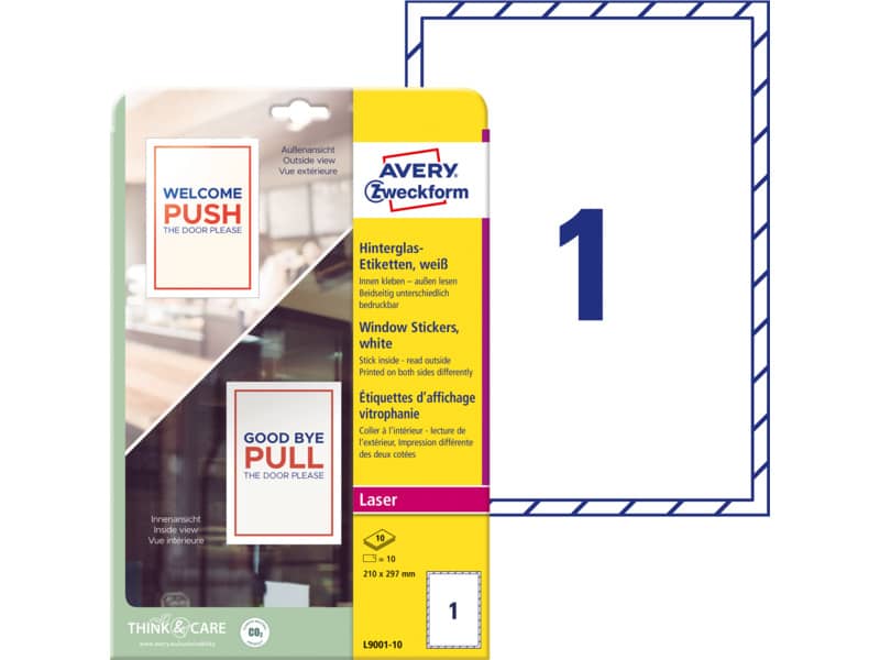 Adesivi per finestre Avery in carta con pellicola plastificatrice in conf. da 10 pz 210x297 mm - L9001-10