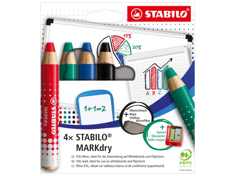 Astuccio da 4 matitoni Stabilo MARKdry mina XXL + panno e temperino assortiti 648/4