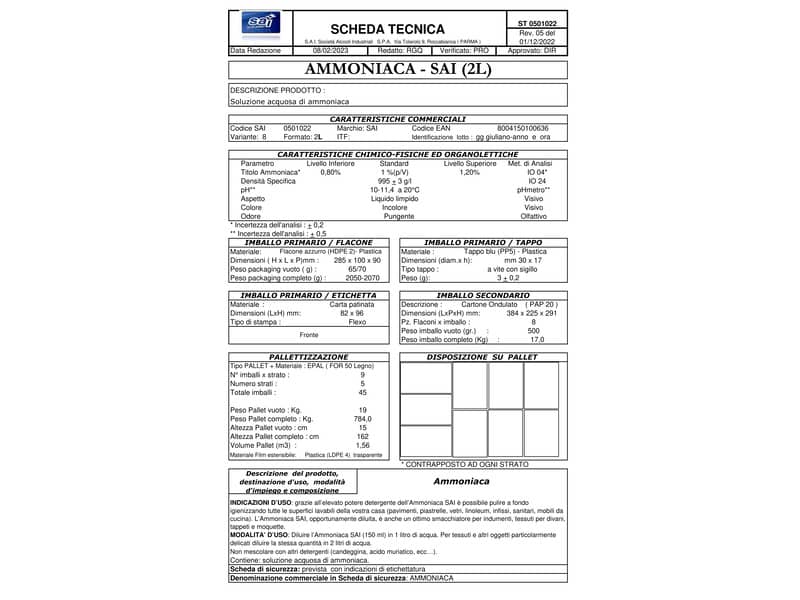 Ammoniaca classica SAI - formato 2 litri