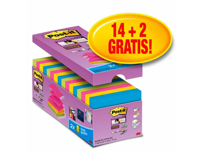 Foglietti Post-it® Super Sticky Z-notes assortiti conf. 14 blocchetti + 2 gratis da 100 ff - R330-SS-VP16-EU