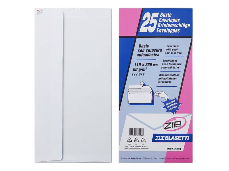 Busta bianca Blasetti Strip Zip 90 g/m2 in conf. 25 buste 110x230 mm 548
