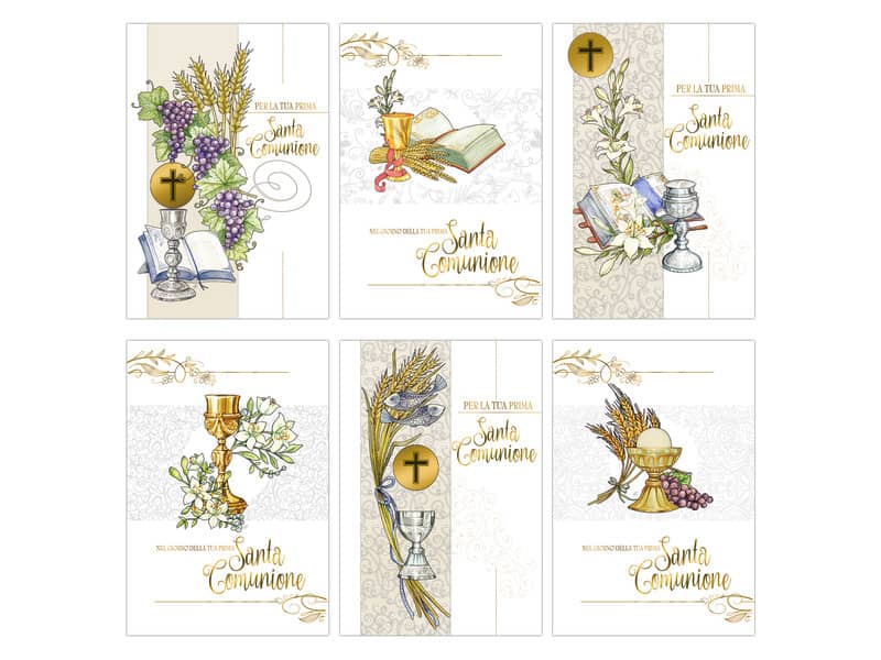 Biglietti augurali Prima Comunione Biembi oro 12x18 cm conf. da 6 pezzi assortiti - BXBDKTC01