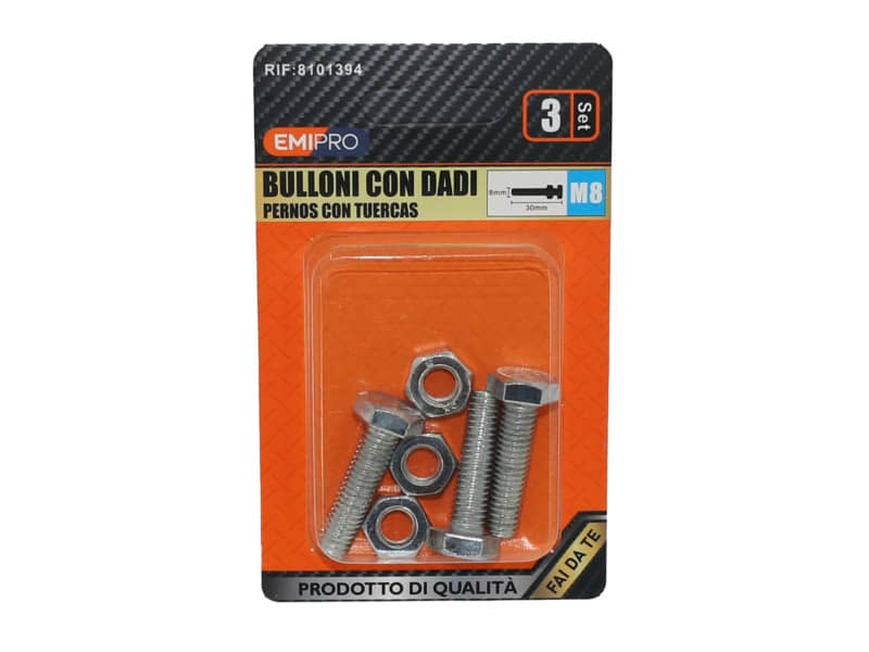 Bulloni con dadi Emi M8 x 30 mm - conf. 3 pezzi