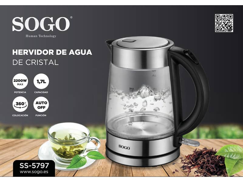 Bollitore in vetro Sogo 2200 W con autospegnimento 1,7 L - KET-SS-5797