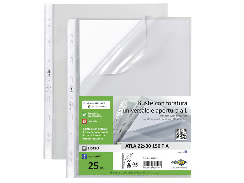 Busta a perforazione universale Sei Rota Atla T A apertura a L formato 22x30 cm - conf. 25 buste