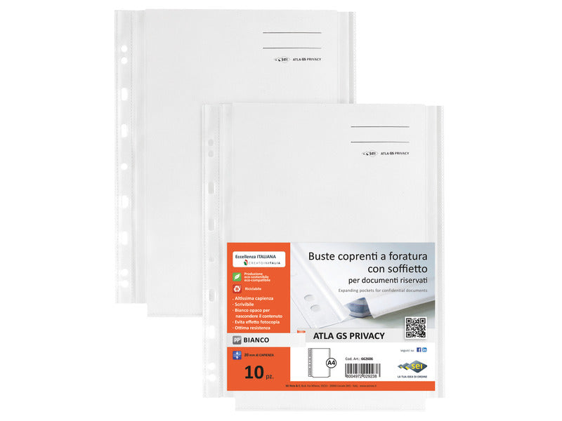 Busta coprenti con soffietto Sei Rota Atla GS - 21x29,7 cm - privacy - colore bianco opaco